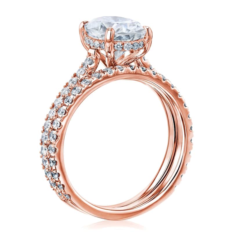 Annello by Kobelli 14k Gold 2.1ct Oval Forever One Moissanite and 4/5ct Diamond Drop Halo Comfort Fit Bridal Rings Set