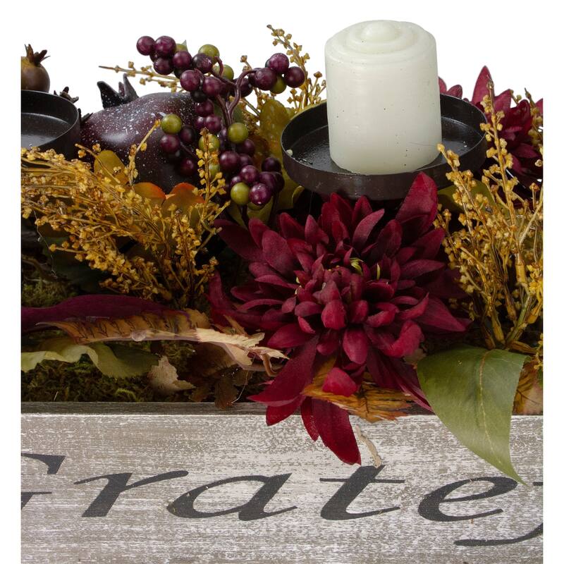 24" Brown Candle Holder with Mums and Pomegranates in a Rectangular Wooden Box