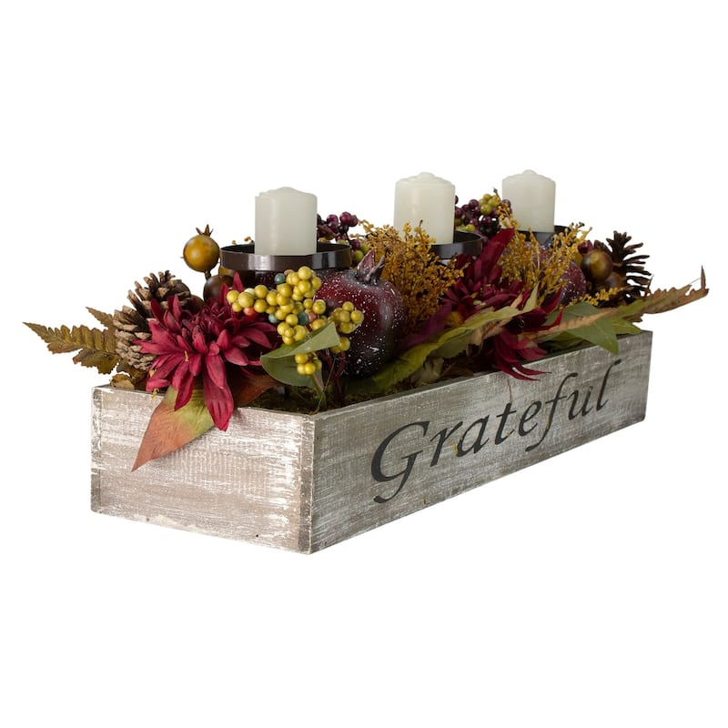 24" Brown Candle Holder with Mums and Pomegranates in a Rectangular Wooden Box