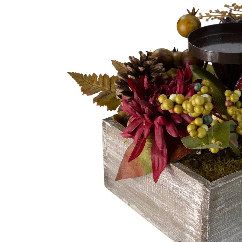24" Brown Candle Holder with Mums and Pomegranates in a Rectangular Wooden Box