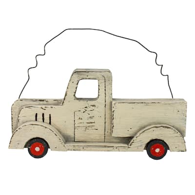11.75" White Wooden Pick Up Truck Fall Harvest Wall Hanging - N/A