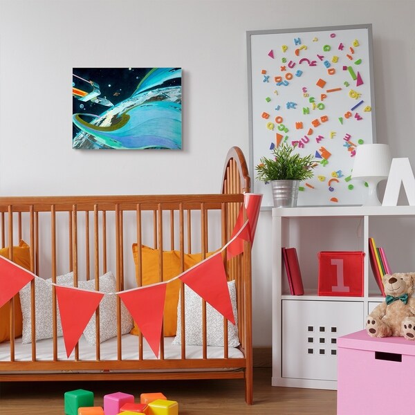 The Kids Room by Stupell Epic Space Landscape Planet Ship Blue Green Kids Canvas Wall Art, Proudly Made in USA