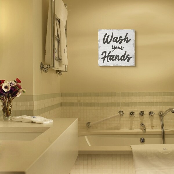Stupell Industries Wash Your Hands Bathroom Neutral Grey Word Design Canvas Wall Art, Proudly Made in USA