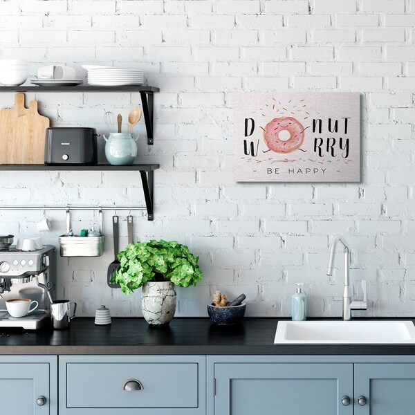 Stupell Industries Donut Worry Happy Pink Cartoon Word Design Canvas Wall Art, Proudly Made in USA