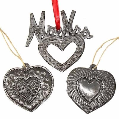Handmade Recycled Haitian Metal Art Mr & Mrs Heart Ornaments (Set of 3)