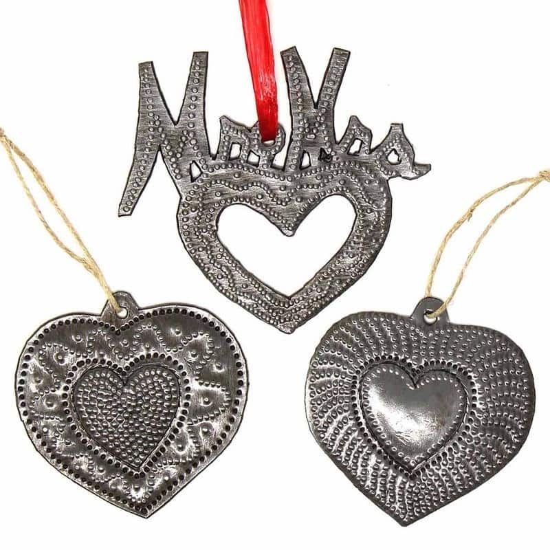 Handmade Recycled Haitian Metal Art Mr & Mrs Heart Ornaments (Set of 3)