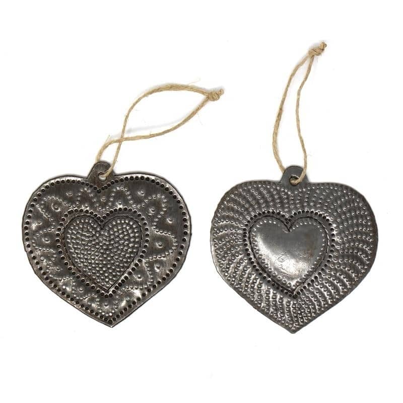 Recycled Haitian Metal Art Couples Hearts Ornaments (Set of 2)