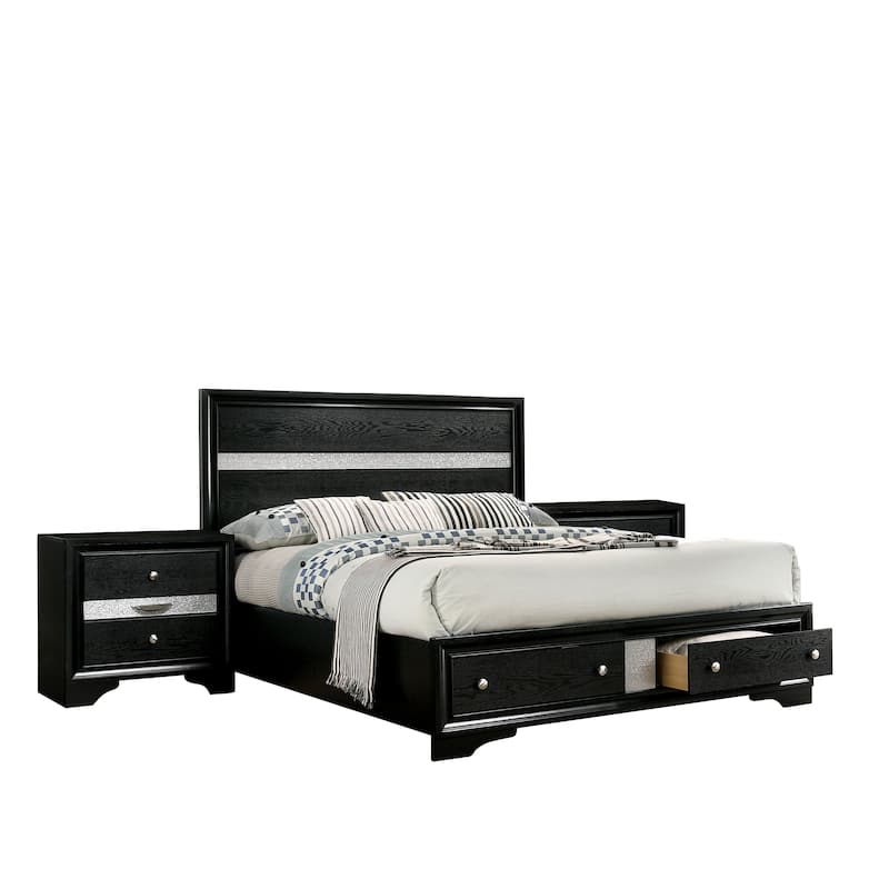 Manzini Contemporary Black Solid Wood Storage 3-Piece Platform Bedroom Set by Furniture of America - Queen