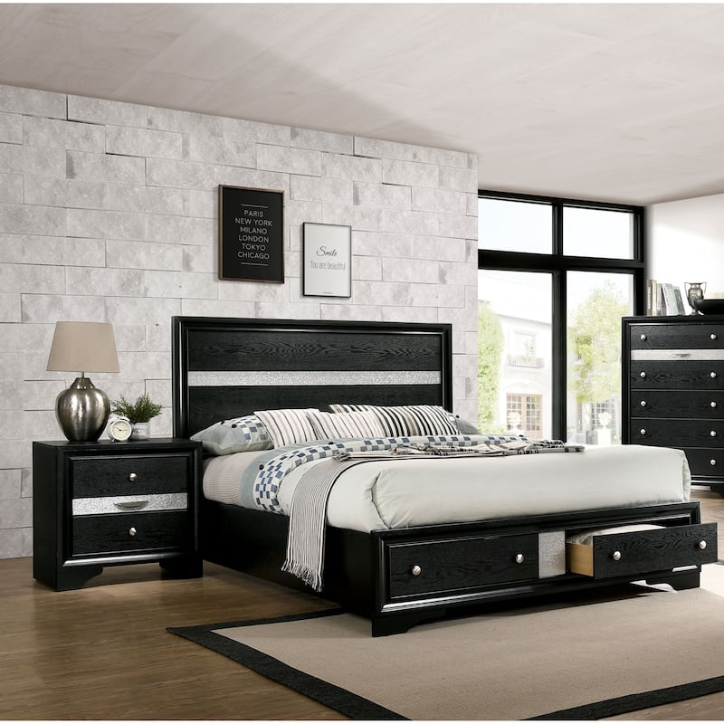 Manzini Contemporary Black Solid Wood Storage 3-Piece Platform Bedroom Set by Furniture of America