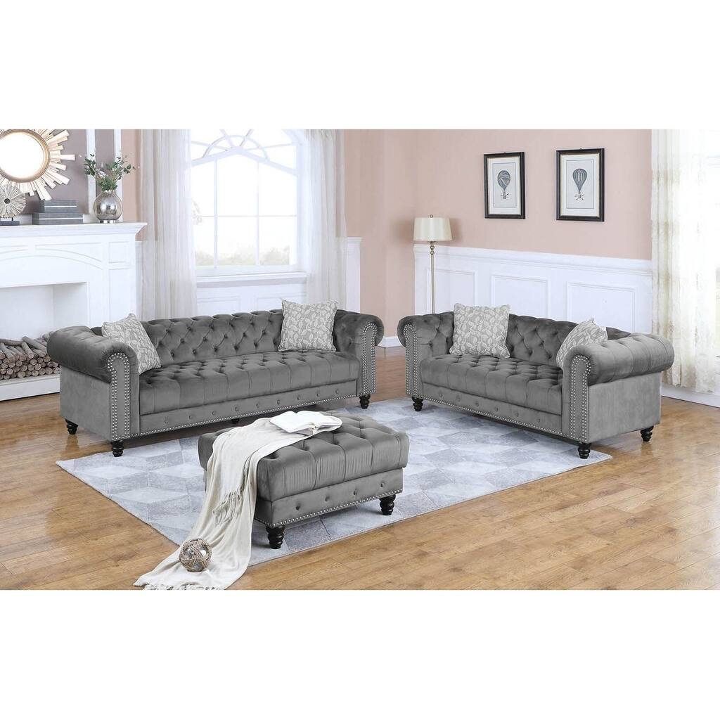Legend Velvet Nailhead Trim Living Room Set With Ottoman Grey