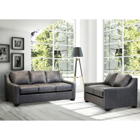 Made in USA Idris Distressed Grey Top Grain Leather Sofa and Loveseat Set