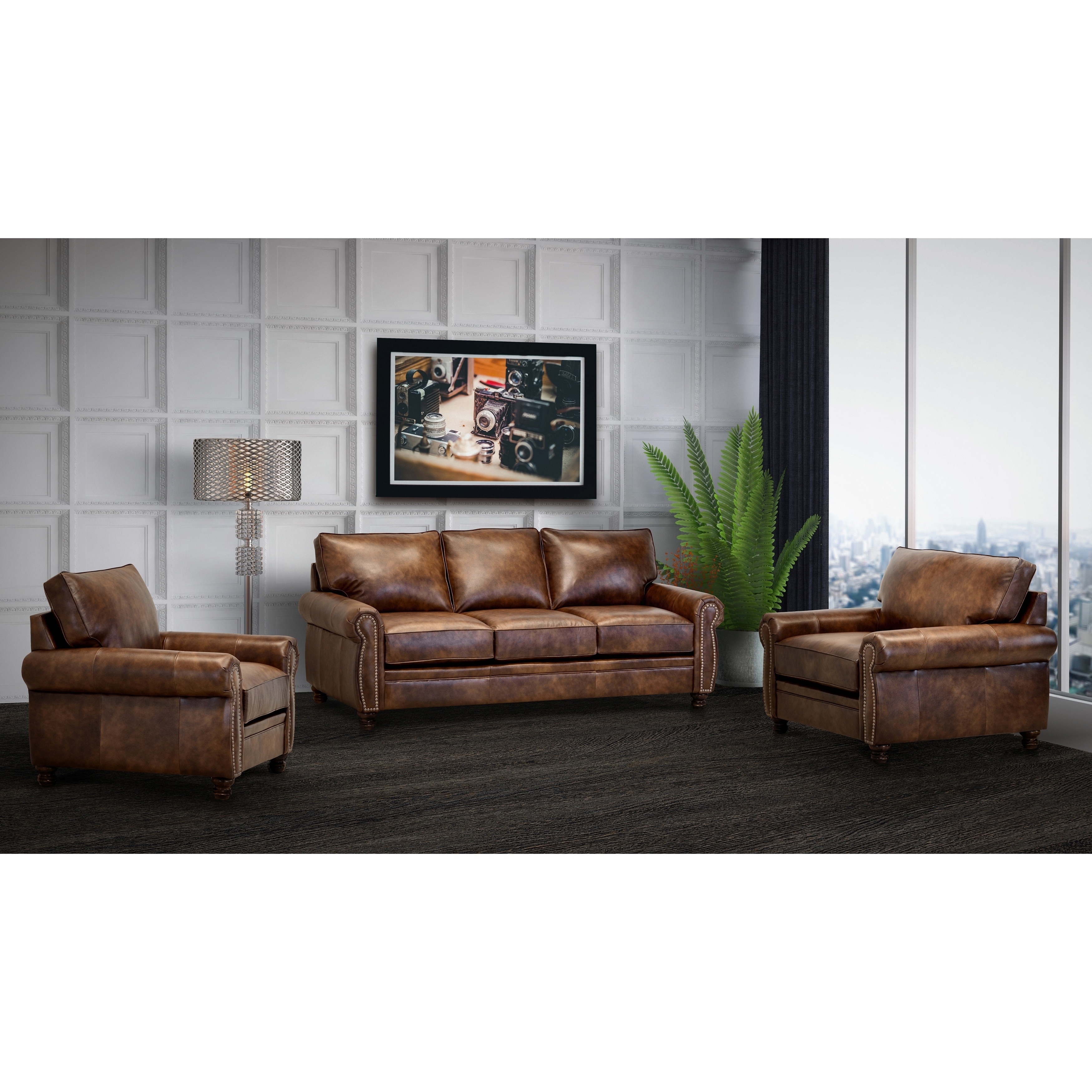Cabot Brown Top Grain Leather Sofa And 2 Chair Set On Sale