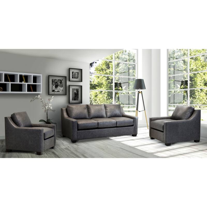 Made in USA Idris Distressed Grey Top Grain Leather Sofa and Two Chair Set