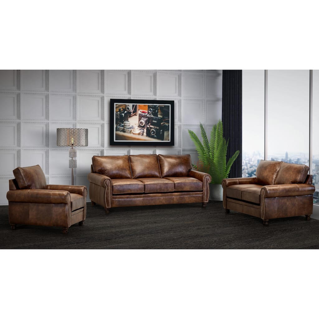 Made in USA Cabot Brown Top Grain Leather Sofa, Loveseat and Chair Set