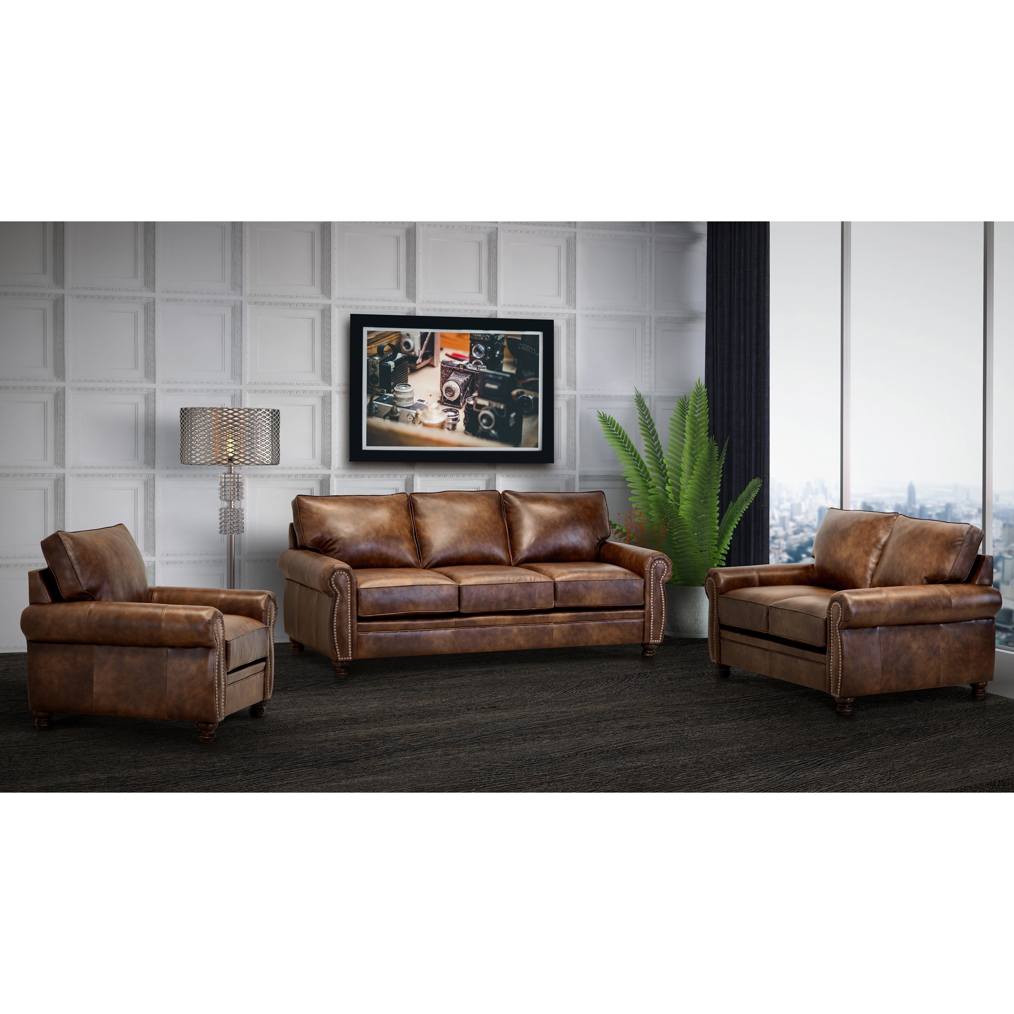 Made in USA Cabot Brown Top Grain Leather Sofa, Loveseat and Chair Set