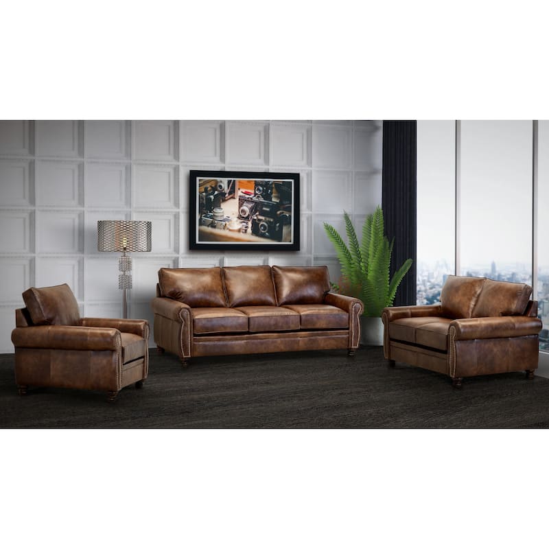 Made in USA Cabot Brown Top Grain Leather Sofa, Loveseat and Chair Set