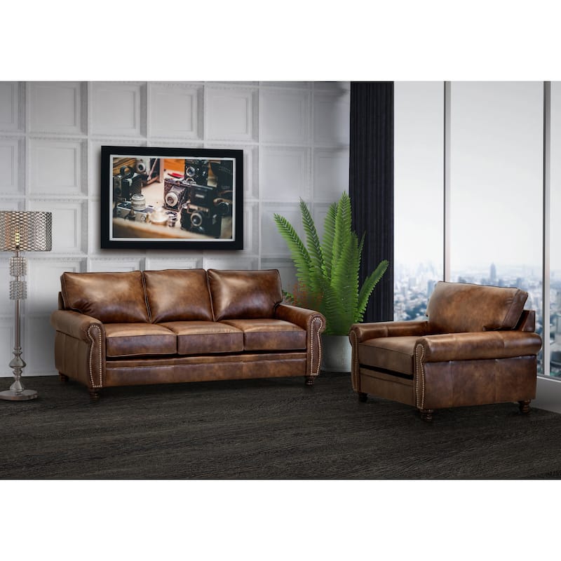 Made in USA Cabot Brown Top Grain Leather Sofa and Chair Set