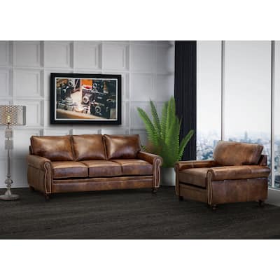Made in USA Cabot Brown Top Grain Leather Sofa and Chair Set