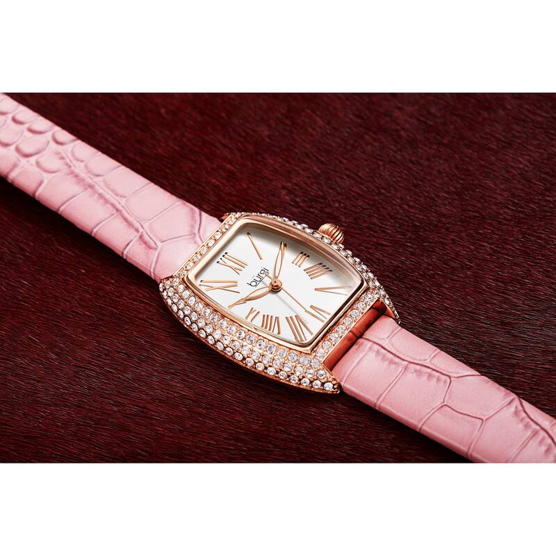 Burgi Womens Quartz Tonneau Swarovski Crystal with Numerals On Embossed Genuine Leather Strap Watch