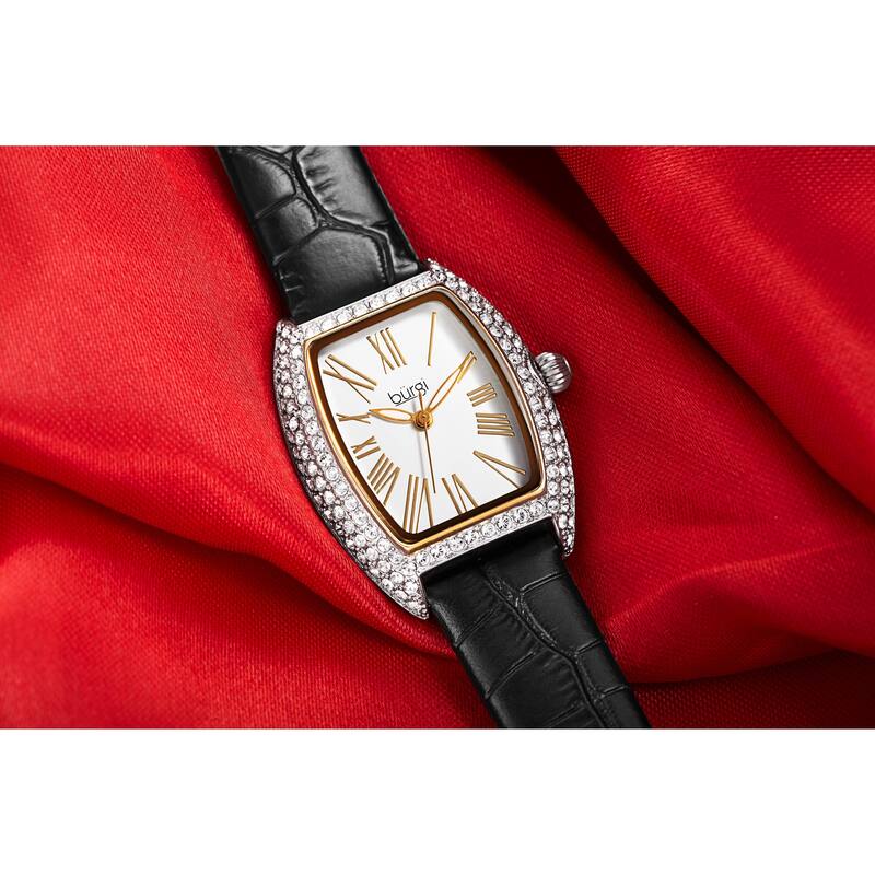 Burgi Womens Quartz Tonneau Swarovski Crystal with Numerals On Embossed Genuine Leather Strap Watch