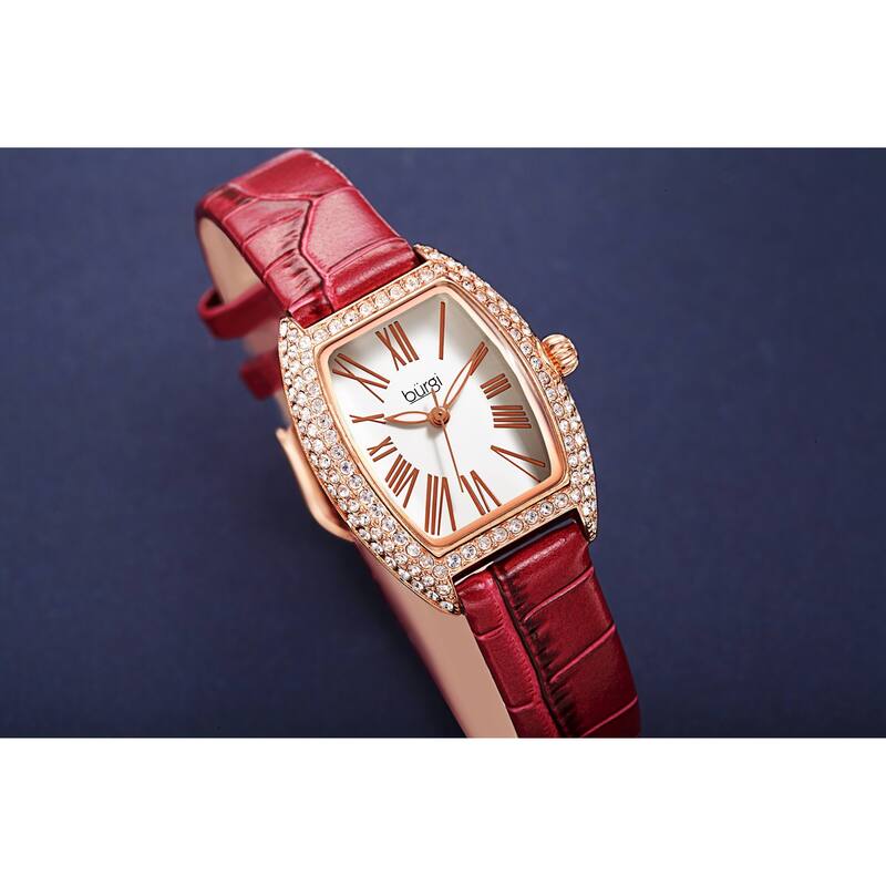 Burgi Womens Quartz Tonneau Swarovski Crystal with Numerals On Embossed Genuine Leather Strap Watch