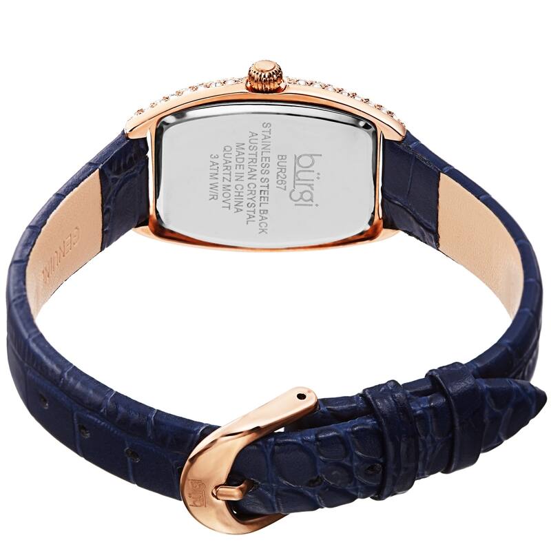 Burgi Womens Quartz Tonneau Swarovski Crystal with Numerals On Embossed Genuine Leather Strap Watch