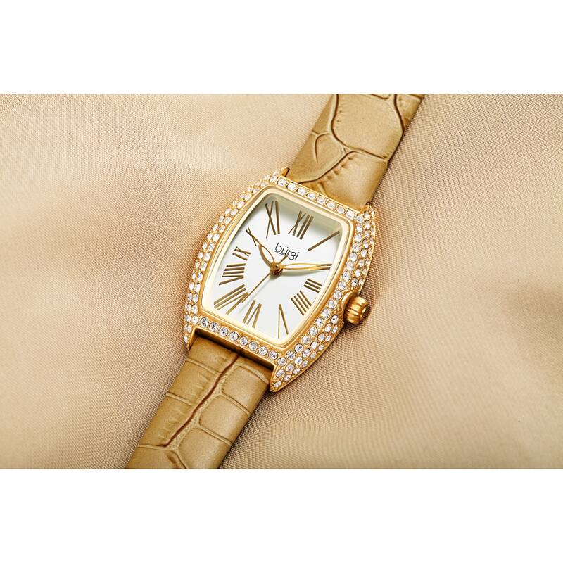 Burgi Womens Quartz Tonneau Swarovski Crystal with Numerals On Embossed Genuine Leather Strap Watch