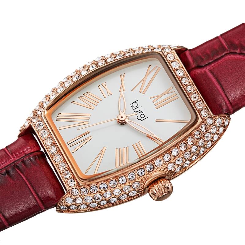 Burgi Womens Quartz Tonneau Swarovski Crystal with Numerals On Embossed Genuine Leather Strap Watch