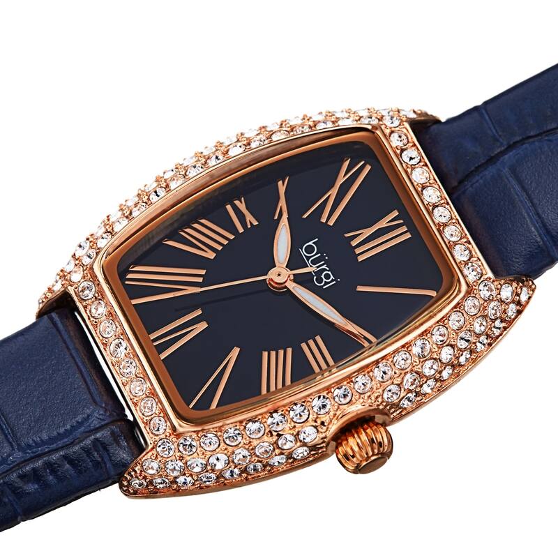 Burgi Womens Quartz Tonneau Swarovski Crystal with Numerals On Embossed Genuine Leather Strap Watch - Blue