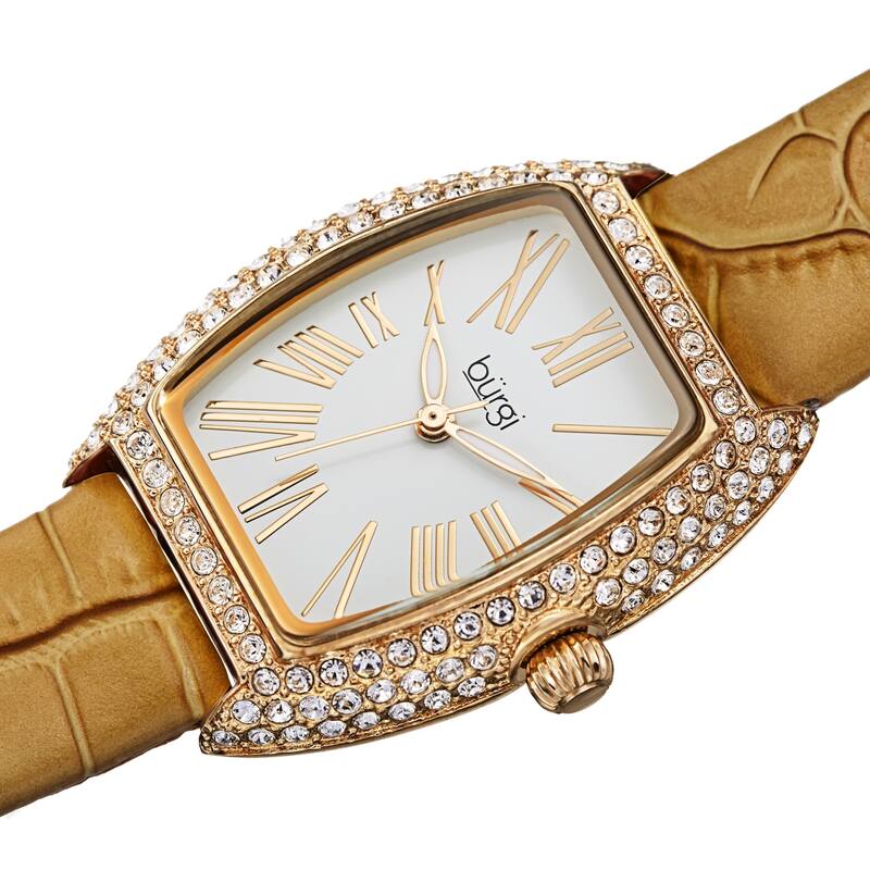 Burgi Womens Quartz Tonneau Swarovski Crystal with Numerals On Embossed Genuine Leather Strap Watch - Yellow Gold