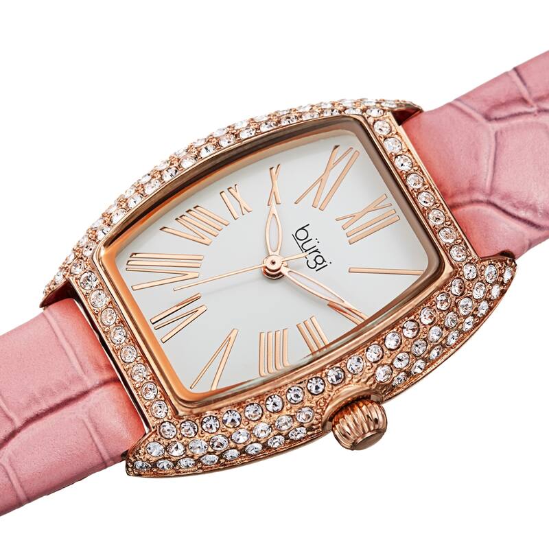 Burgi Womens Quartz Tonneau Swarovski Crystal with Numerals On Embossed Genuine Leather Strap Watch