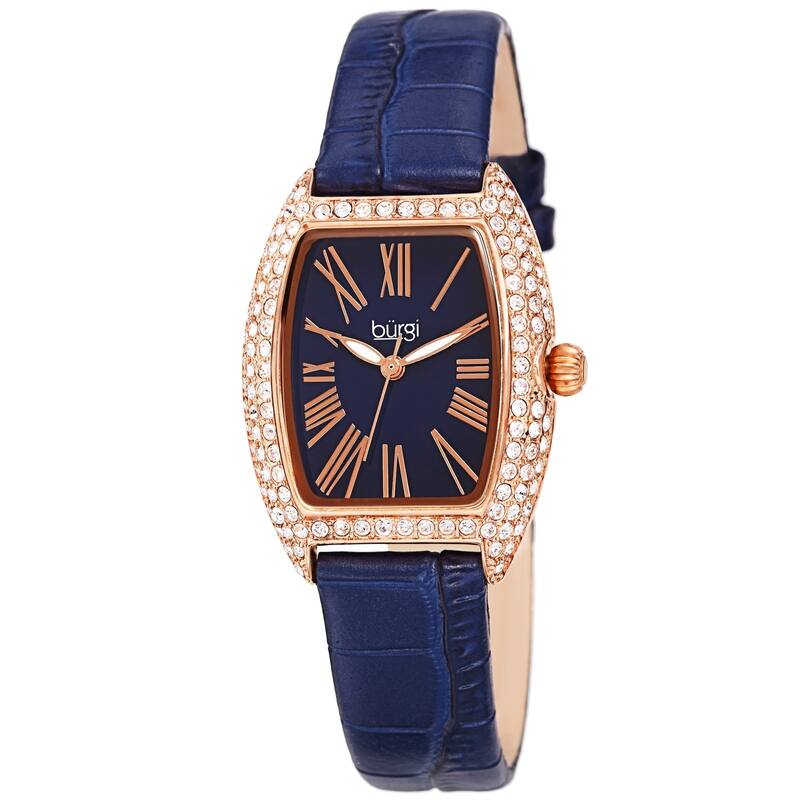 Burgi Womens Quartz Tonneau Swarovski Crystal with Numerals On Embossed Genuine Leather Strap Watch