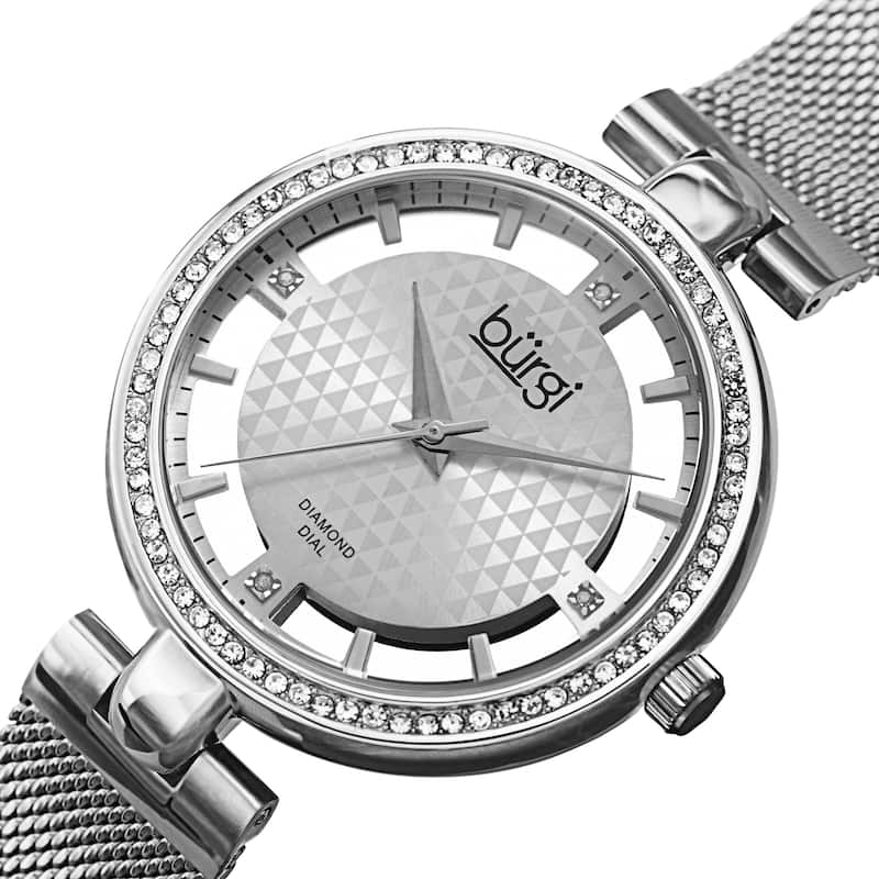 Burgi Women's Quartz Cut Out Swarovski Crystal and Diamond Mesh Band Watch