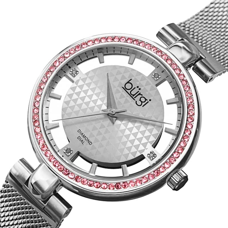 Burgi Women's Quartz Cut Out Swarovski Crystal and Diamond Mesh Band Watch