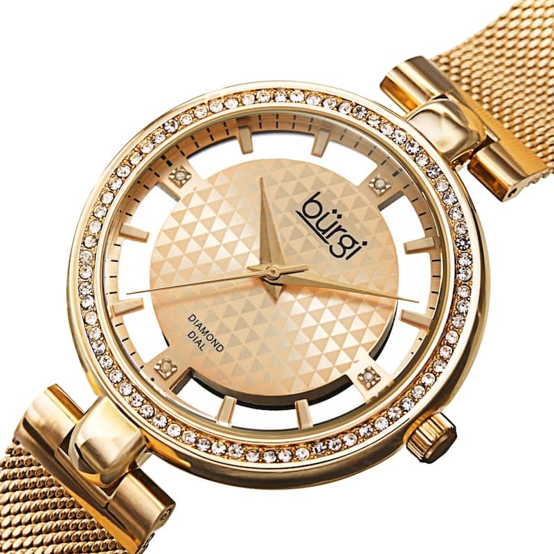 Burgi Women's Quartz Cut Out Swarovski Crystal and Diamond Mesh Band Watch