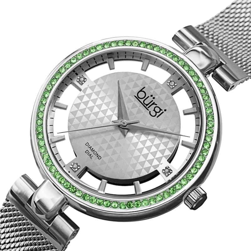 Burgi Women's Quartz Cut Out Swarovski Crystal and Diamond Mesh Band Watch - Silver/Green