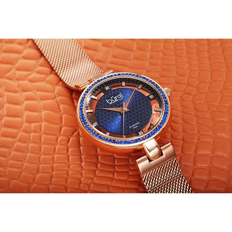 Burgi Women's Quartz Cut Out Swarovski Crystal and Diamond Mesh Band Watch