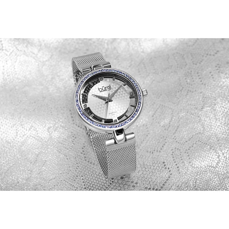 Burgi Women's Quartz Cut Out Swarovski Crystal and Diamond Mesh Band Watch