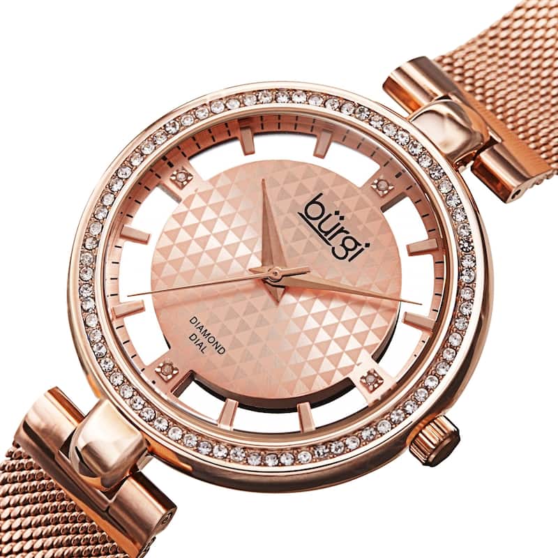 Burgi Women's Quartz Cut Out Swarovski Crystal and Diamond Mesh Band Watch