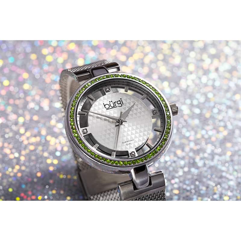 Burgi Women's Quartz Cut Out Swarovski Crystal and Diamond Mesh Band Watch