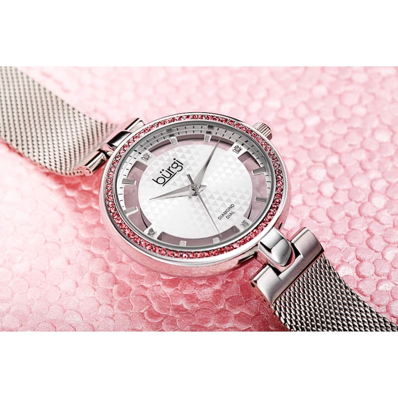 Burgi Women's Quartz Cut Out Swarovski Crystal and Diamond Mesh Band Watch