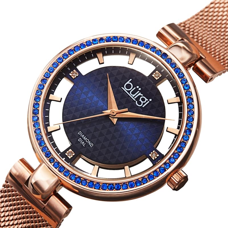Burgi Women's Quartz Cut Out Swarovski Crystal and Diamond Mesh Band Watch - Rose Gold/Blue