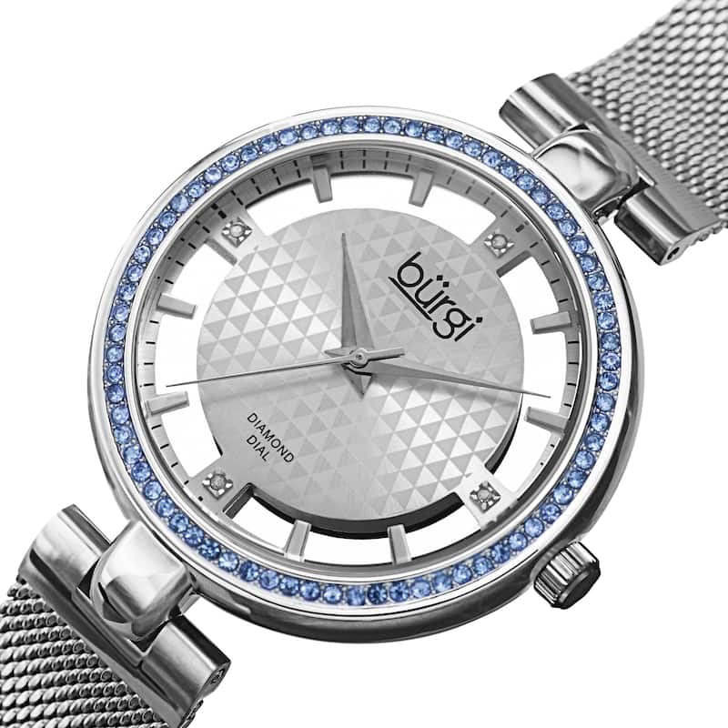 Burgi Women's Quartz Cut Out Swarovski Crystal and Diamond Mesh Band Watch - Silver/Blue
