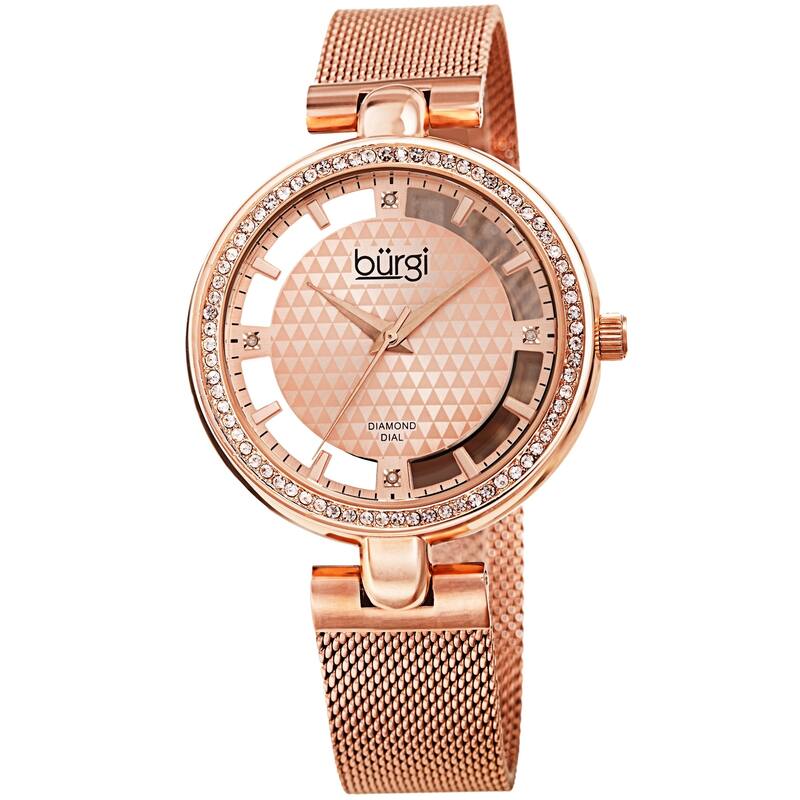 Burgi Women's Quartz Cut Out Swarovski Crystal and Diamond Mesh Band Watch