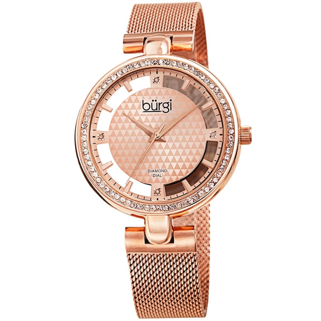 Burgi Women's Quartz Cut Out Swarovski Crystal and Diamond Mesh Band Watch