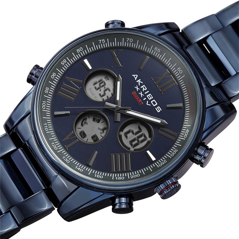 Akribos XXIV Men's Quartz 4-Button Smart Function Stainless Steel Bracelet Watch - Blue