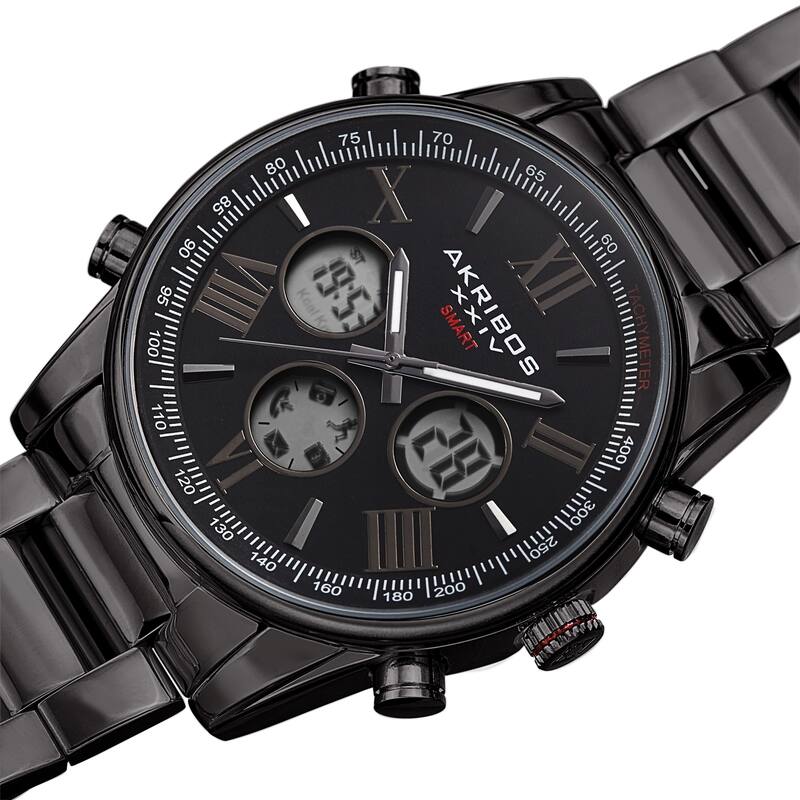 Akribos XXIV Men's Quartz 4-Button Smart Function Stainless Steel Bracelet Watch - Black