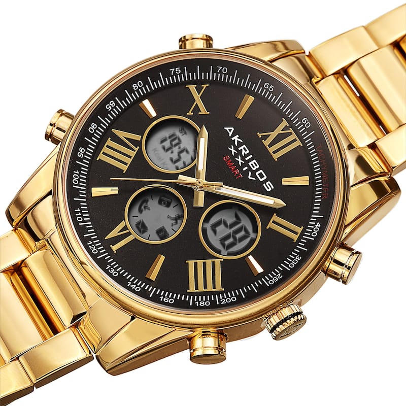 Akribos XXIV Men's Quartz 4-Button Smart Function Stainless Steel Bracelet Watch - Yellow/Black