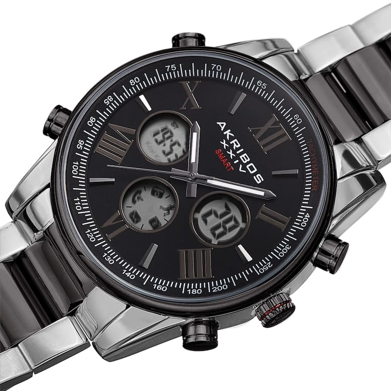 Akribos XXIV Men's Quartz 4-Button Smart Function Stainless Steel Bracelet Watch