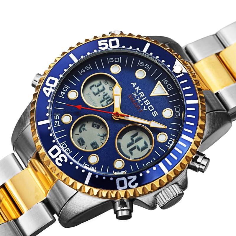 Akribos XXIV Men's Quartz Smart Function Multifunction Stainless Steel Bracelet Watch - Two Tone/Blue
